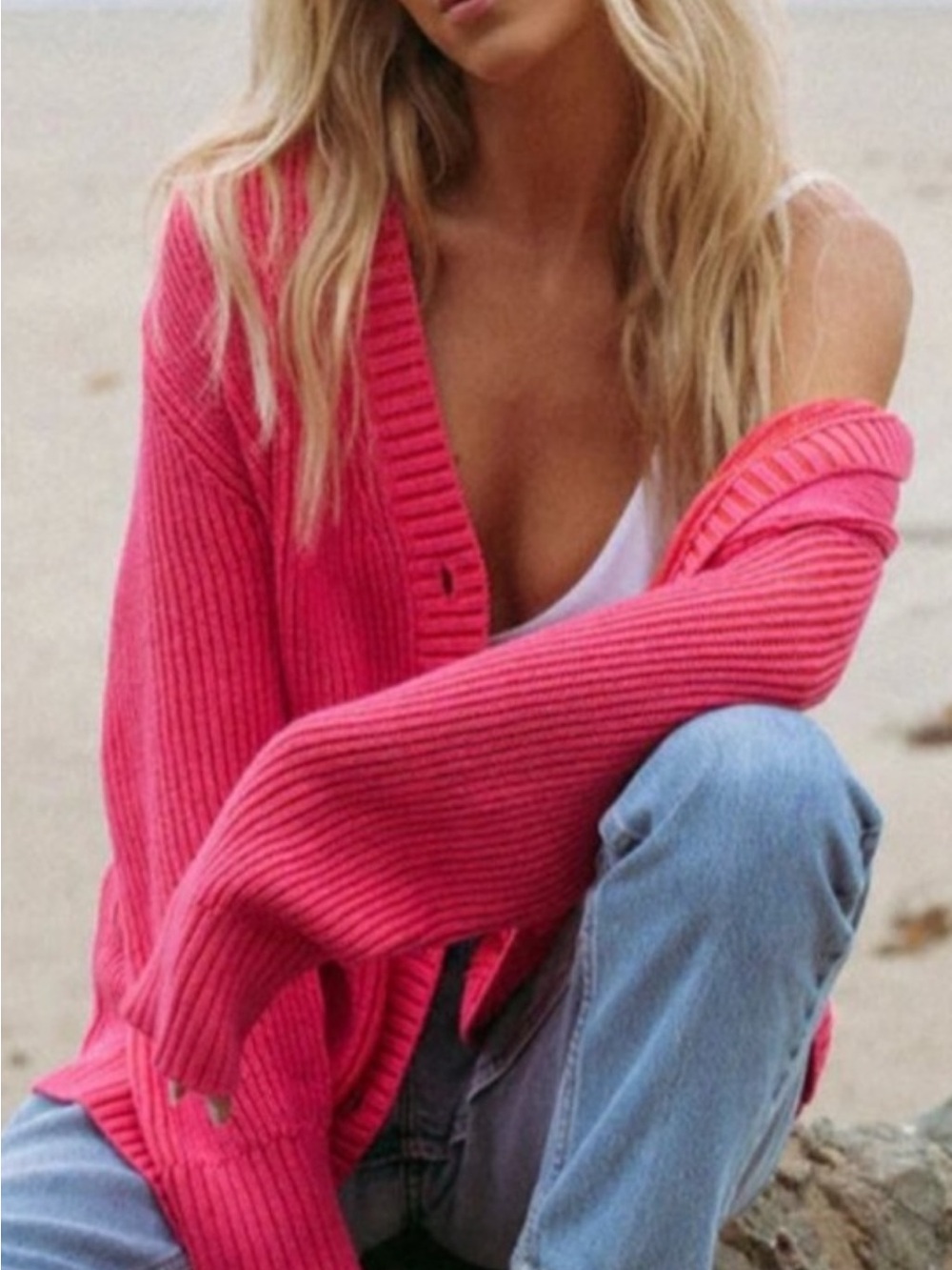 l*space Hot Pink Ribbed V-Neck Cardigan/ brand new with tags